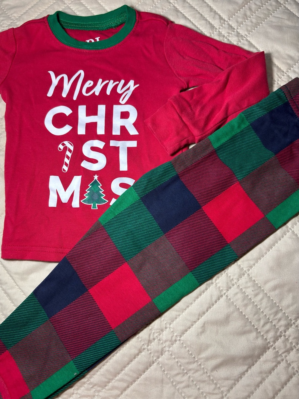 Children’s Place 12-18M Red "Merry Christmas" Pajama Set with Green Plaid Pants